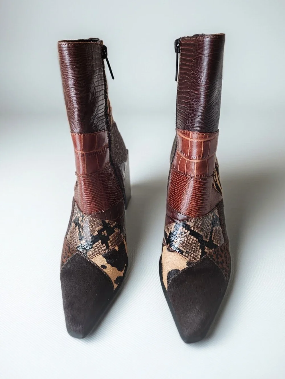 Jeffrey Campbell Caballeros La Siren Mixed Media Calf-hair Patchwork Boots 8.5